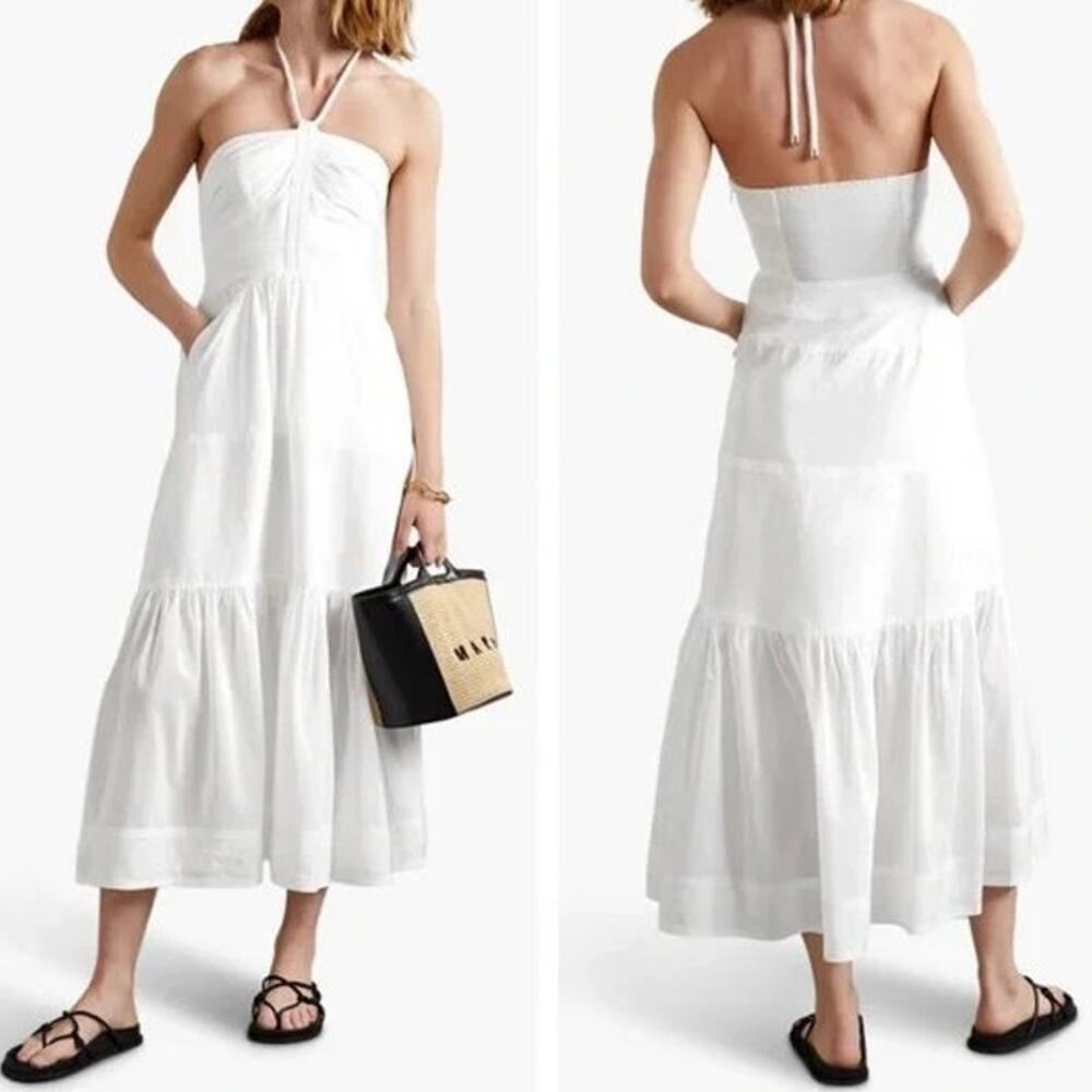A.L.C. Adelle Dress Halter Tiered Smocked Maxi in White Ivory Shirred Voile Day - Picture 10 of 12